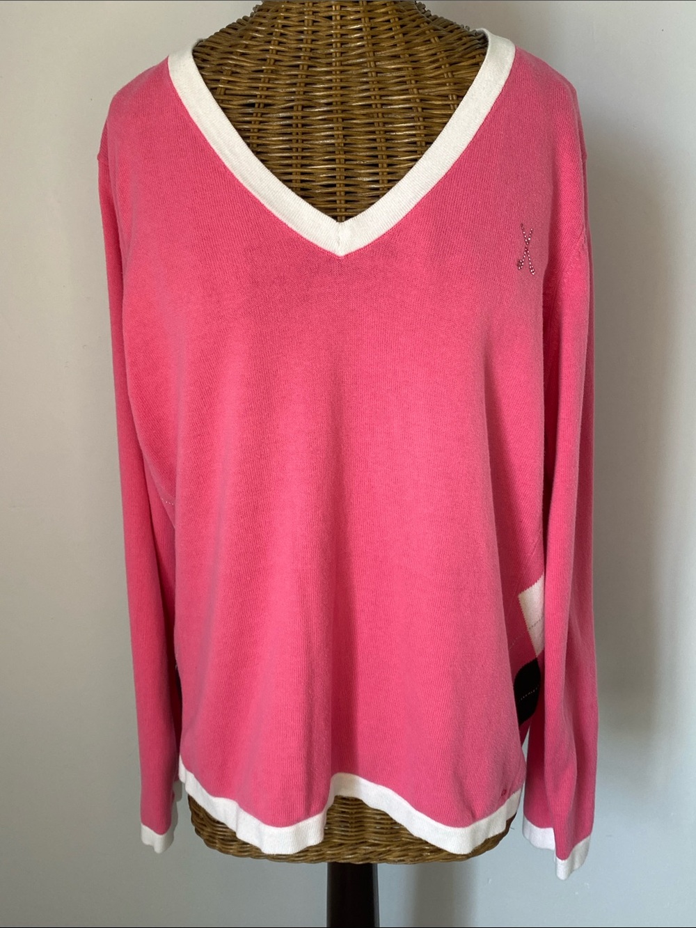 Classic Pink V-Neck Sweater with White Trim